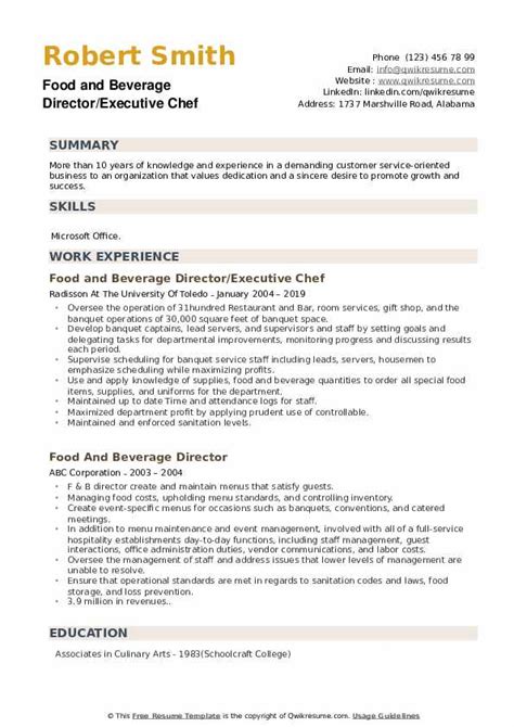 A management role within the food and beverage industry can be quite demanding and only the most professional of applicants can expect to enjoy a rewarding career.however, this is also an extremely competitive landscape and it is just as critical to make absolutely certain that a cv reflects the. Food And Beverage Director Resume Samples | QwikResume