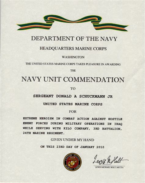 Navy Unit Commendation Ribbon Certificate