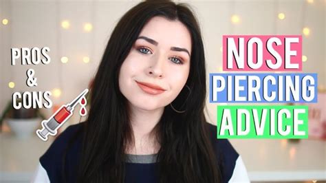 a woman with long black hair and blue eyes has the words nose piercing advice