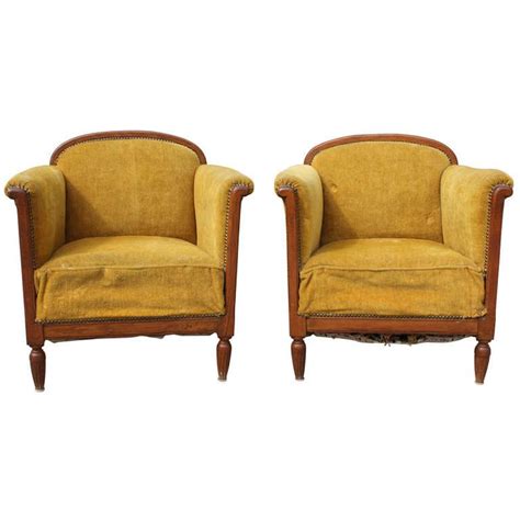 Pair French Art Deco Carved Mahogany Club Chairs Circa 1940s From A