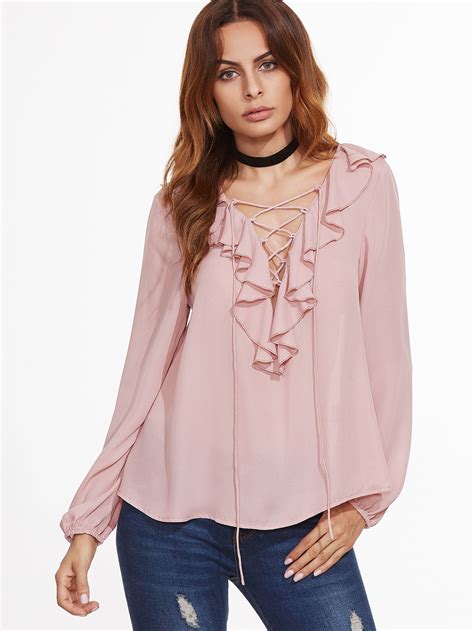 Shop Pink Ruffle Trim Lace Up V Neck Blouse Online Shein Offers Pink
