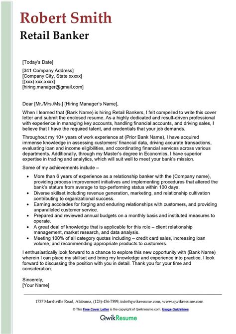 Retail Banker Cover Letter Examples Qwikresume