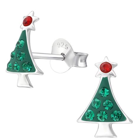 Jeweled Christmas Tree 925 Sterling Silver Stud Earrings Jeweled