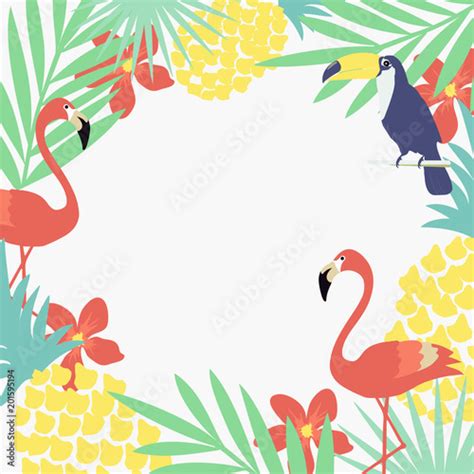tropical jungle leaves background with flamingo toucan and pineapple summer vector