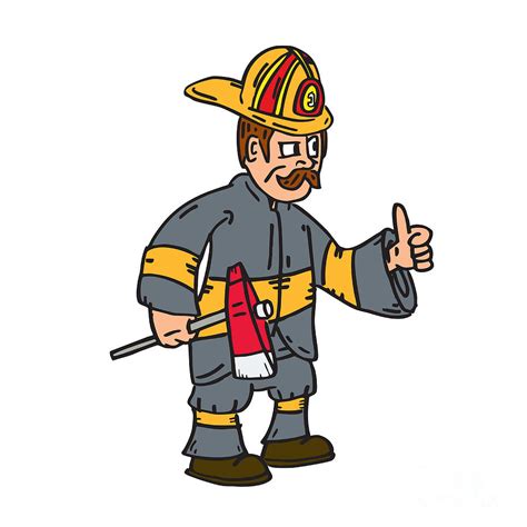 Fireman Firefighter Axe Thumbs Up Cartoon Digital Art By Aloysius Patrimonio Pixels