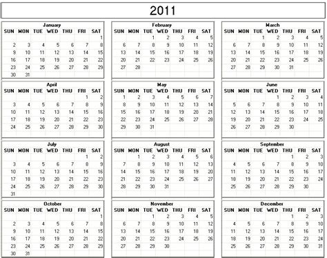 Yearly 2011 Printable Calendar Large Black And White Week Starts On