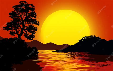 Premium Vector Sunset Scenery With Big Sun And River