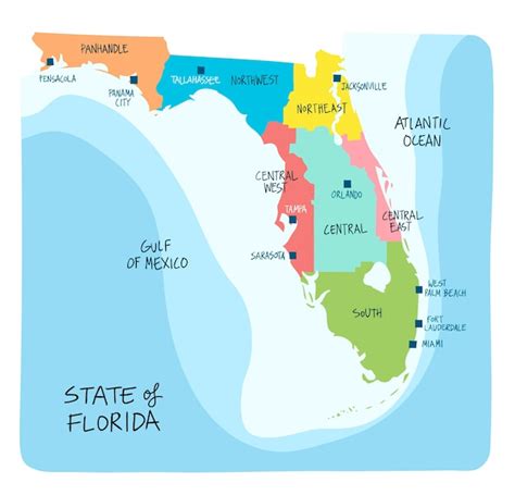 Mapa Dibujado A Mano De Florida Con Regiones Y Condados Vector Premium