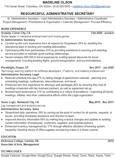 Secretary Resume Example Leet Resumes