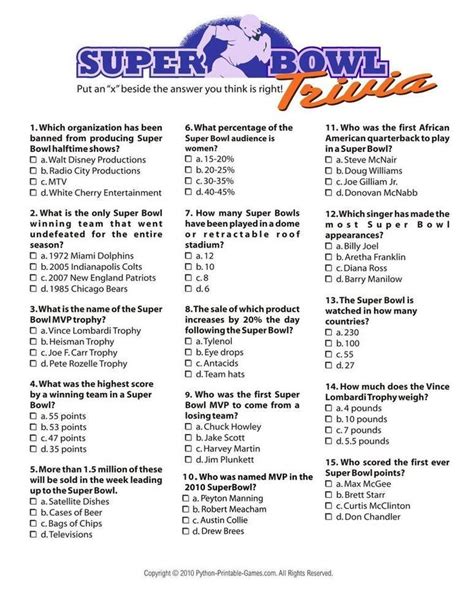 Play in teams or ask each player to choose a category to test their skills. Super Bowl: Trivia I, $3.95 | Super Bowl Printable Games ...