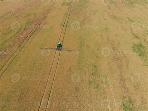 Adding herbicide tractor on the field of ripe wheat. View from above