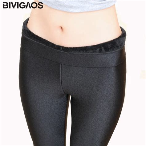 Bivigaos Autumn Winter Leggings Velvet Thick Warm Leggings Elastic Black Gloss Pants Slim Pencil