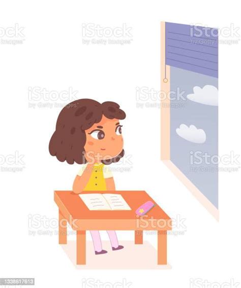 School Child Looking Out Window Bored Girl Pupil Of Elementary School