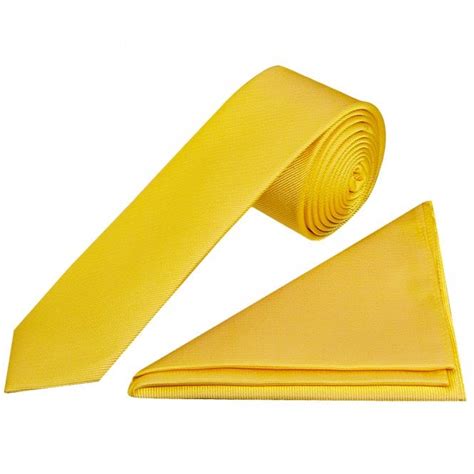Yellow Twill Skinny Silk Mens Tie And Pocket Square Set