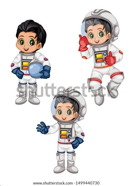 Astronaut Cartoon Characters In Outer Space Suit Set With Standing And
