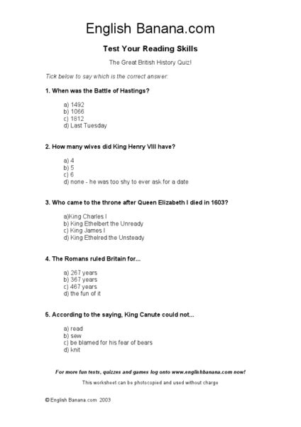 6th grade trivia questions and answers are considered to be tough as 6th grade is the start of the secondary section what is this trivia composed of? The Great British History Quiz! Worksheet for 5th - 6th Grade | Lesson Planet