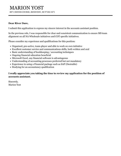 Accounts Assistant Cover Letter Velvet Jobs