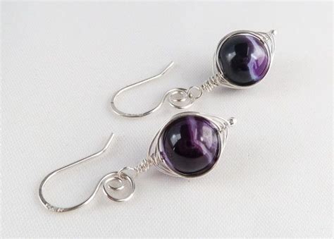 Silver Herringbone Gemstone Earrings Purple Agate Earrings Etsy Uk