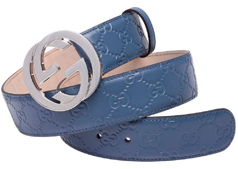 Gucci Belt Guccissima Interlocking G Buckle Blue In Leather With Silver