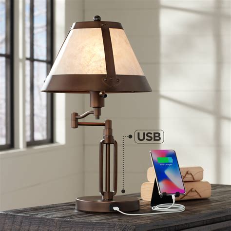 Traditional Desk Lamp Swing Arm With Usb Bronze Natural Shade For
