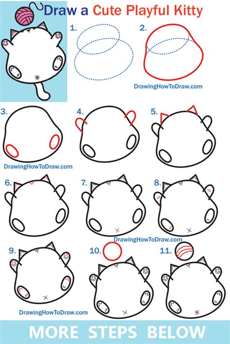 How To Draw A Cute Kawaii Fat Kitty Cat Playing With Yarn