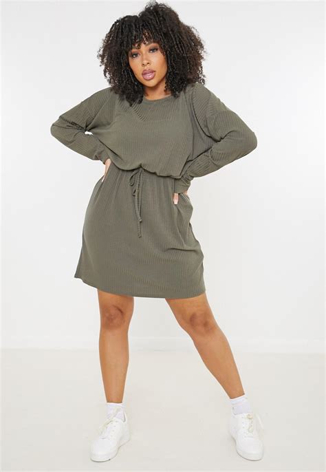 Plus Size Khaki Rib Tie Waist T Shirt Dress Missguided