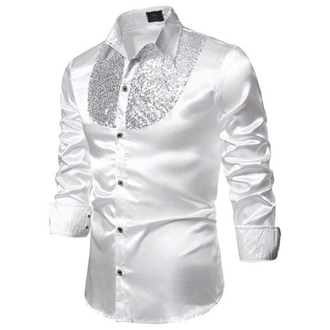 Men Formal Satin Shiny Silk Wedding Dress Shirt Slim Long Sleeve T