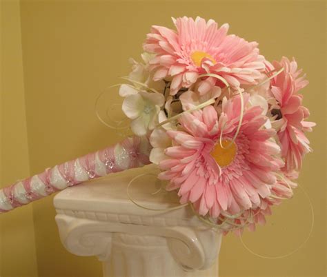 A hot pink gerbera daisy and tulip bridal bouquet. Bride in Bloom: Silk Gerbera daisy bouquet