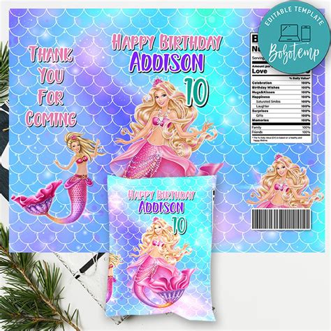 Barbie Mermaid Birthday Chip Bag Digital File Printable Diy