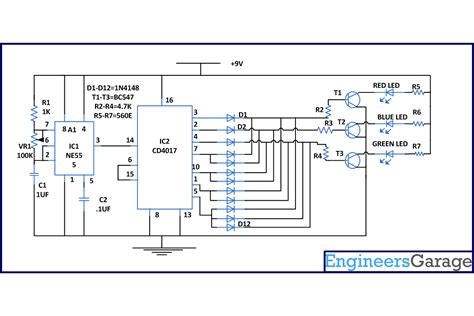 Lighting circuit diagrams and visual aids, step by step easy to follow guides. IC555 based Multicolor LED Lamp Circuit Diagram