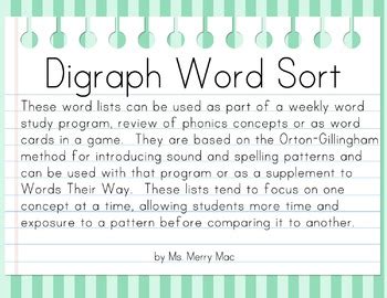 Check spelling or type a new query. Digraph Word Sort | Orton-Gillingham Spelling List by Ms ...