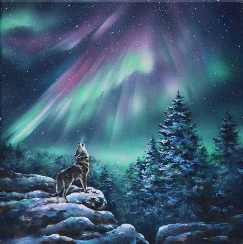 Original Painting Aurora Borealis 12x12 Wolf Northern Lights Unique