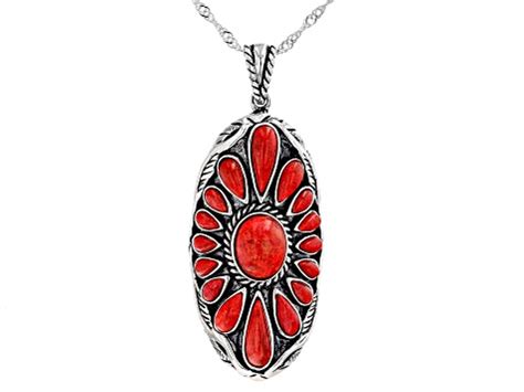 Pre Owned Red Sponge Coral Rhodium Over Sterling Silver Pendant With