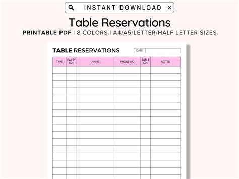 Printable Table Reservation List, Restaurant Table Reservation Form