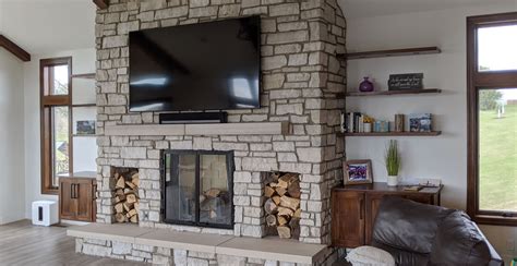 Natural stone fireplace gallery w/ interior design living room & outdoor fireplace patio landscaping cut stone, stacked stone, & fireplace stone veneers. Modern rustic living room design with veneer stone ...