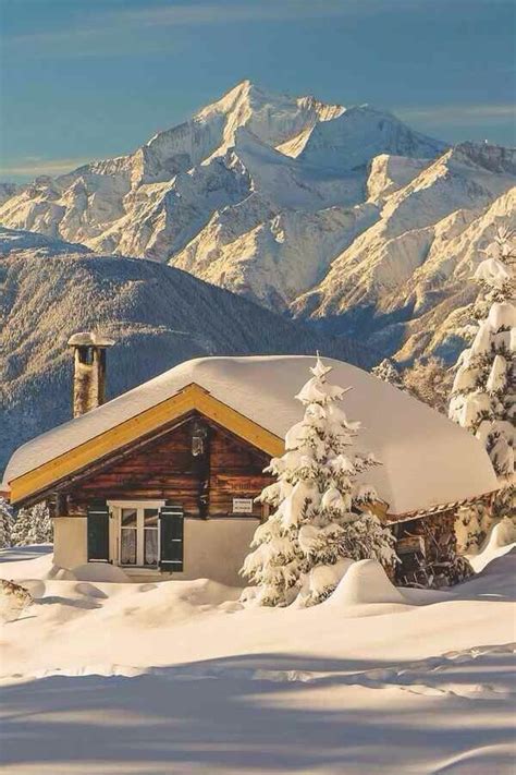 Switzerland Snow Cabin Winter Scenery Places