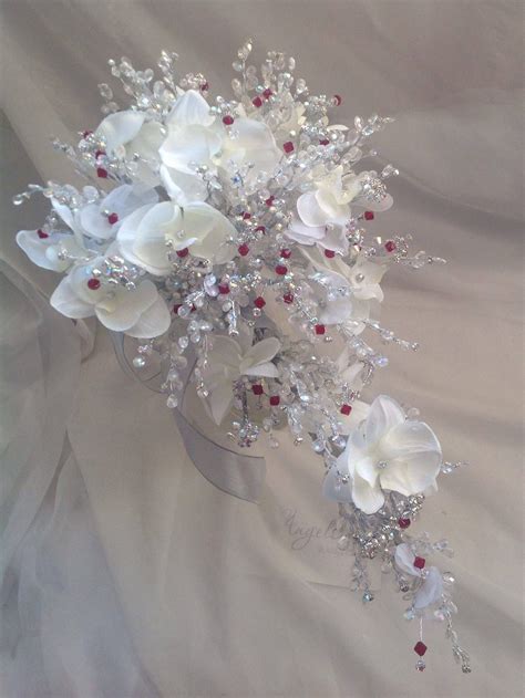 White Orchids Trailing Bouquet With Red And Clear Crystals 12 X 22