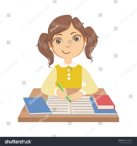 Cute Little Girl Writing School Colorful Stock Vector Royalty Free