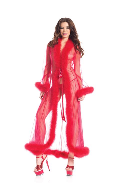 Seductive Sheer Full Length Robe Marabou Feather Trim Lingerie Adult Women Ebay