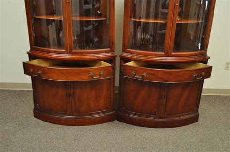 Pair Of 1940s Curved Glass Demilune Form Mahogany Corner China Cabinets