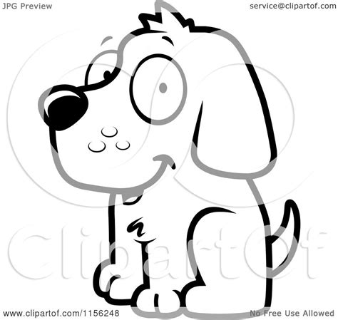 Cartoon Clipart Of A Black And White Happy Dog Sitting With A Smile On