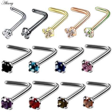 Alisouy G Small Nose Studs Piercing L Shape Nose Rings Titanium Steel L Cubic Zirconia Gem