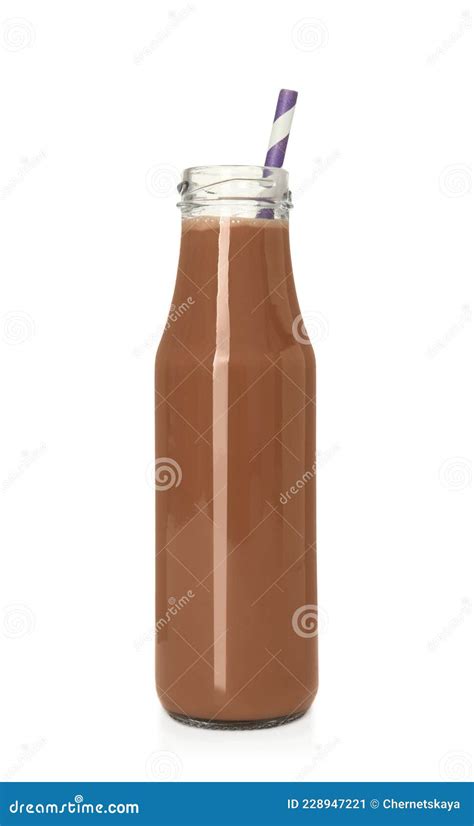 Delicious Chocolate Milk In Glass Bottle Isolated On White Stock Image