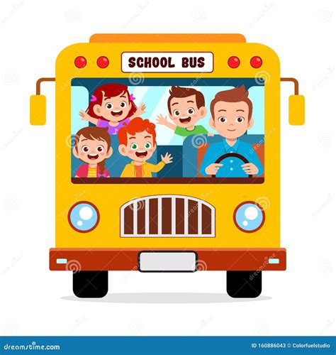 Happy Cute Kids Ride School Bus Together Stock Vector Illustration Of