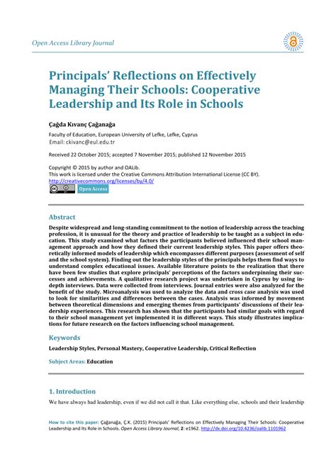 Pdf Principals Reflections On Effectively Managing Their Schools