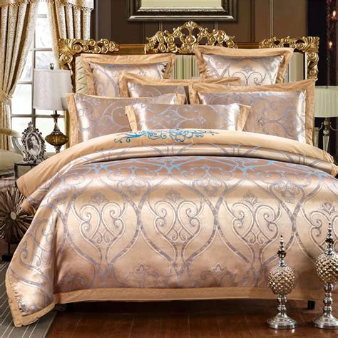 4pc Gray Gold Jacquard Bedding Sets Bed Cover Queen King Size Silk