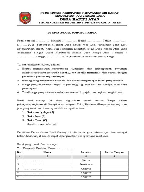 Contoh berita acara untuk berbagai keperluan seperti rapat, serah terima, kejadian atau peristiwa ataupun kegiatan lainnya yang membutuhkan. Contoh Berita Acara Survey