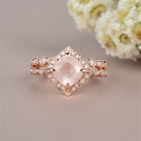rose quartz engagement ring rose gold bridal set pink crystal etsy
