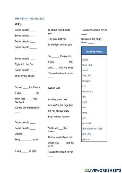 The Heart Never Lies Mcfly Fill The Blanks Worksheet