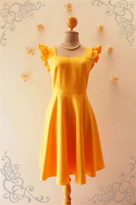 Olivia Bright Mustard Yellow Dress Ruffle Sleeve Dress Yellow Party